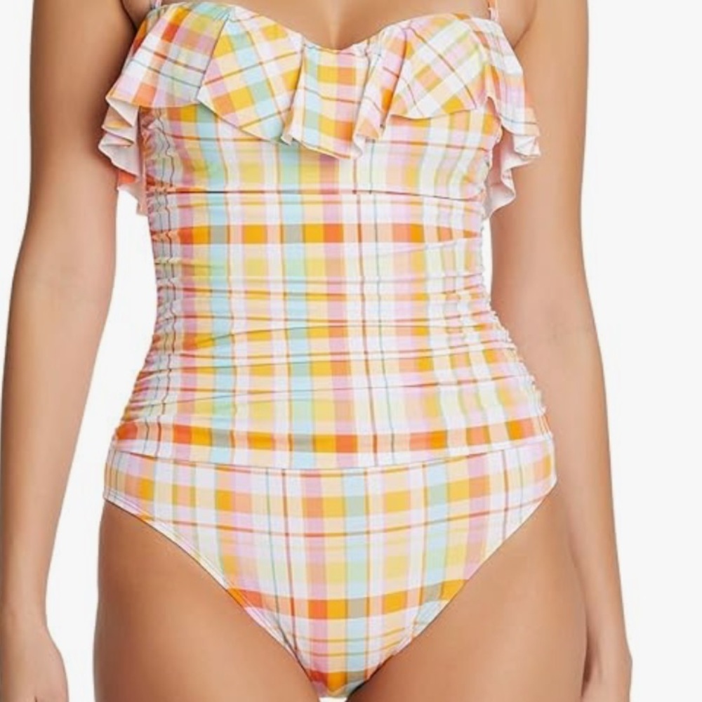 NWT Bleu Rod Beattie Multicolour Plaid Ruffle One-Piece Swimsuit 14